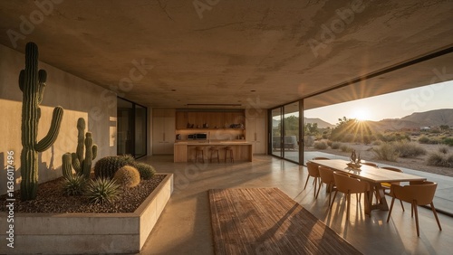 Modern desert home interior with sunlit cactus garden and kitchen dining area showcasing contemporary architecture