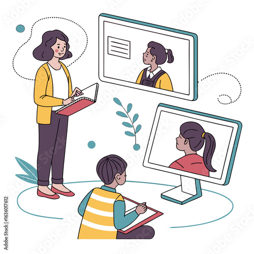 Teacher instructing students online through video conference calls and digital learning platforms