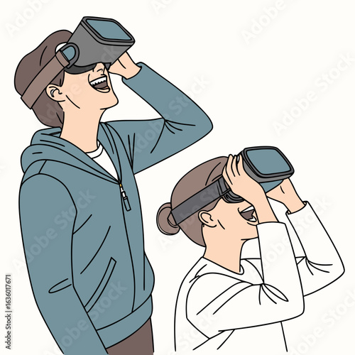 Two people a man and a woman wearing virtual reality headsets and looking up in amazement and joy
