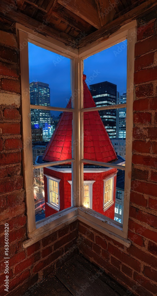 Fototapeta premium Cityscape View Through Red Roofed Window At Dusk