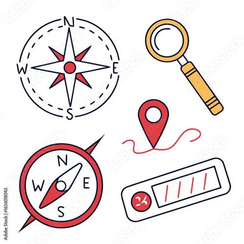Collection of navigation and travel icons including compasses magnifying glass location pin and a 24 hour service symbol