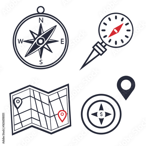 Collection of navigation and travel icons including compasses map and location pins