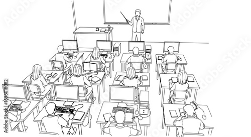 A modern classroom with a teacher instructing students using computers and digital devices is depicted in black and white line art.