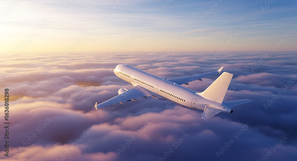 Fototapeta premium White Passenger Airplane Soaring Above Clouds at Sunset.