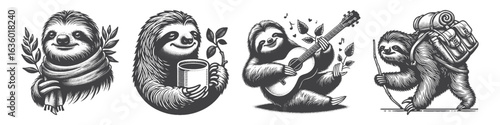 Vintage Hand-Drawn Sloth Wearing Scarf Illustration, Lazy Animal Engraved Vector for Winter and T-Shirt Design
