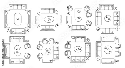 A varied collection of eight distinct top-down architectural floor plan layouts showcasing modern meeting room and dining area configurations for design.
