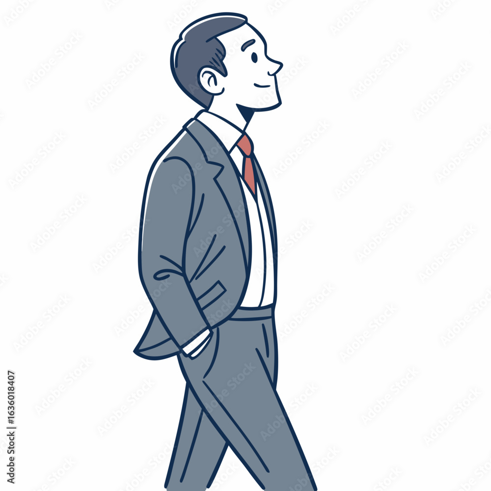 Obraz premium A smiling businessman in a gray suit and red tie walks confidently with his hands in his pockets