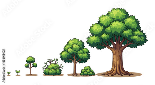 A delightful pixel art illustration showcasing the full growth progression of a tree, from a small sprout to a large, mature arboreal form, ideal for game development.