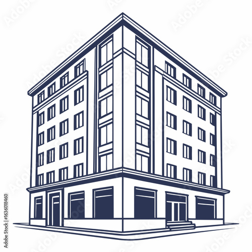 Classic art deco building with multiple floors and windows depicted in a simple line drawing style