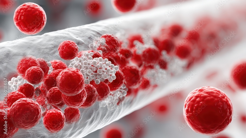 Fototapeta premium Blood vessel cross-section with glucose molecules and sugar crystals in hyperglycemia