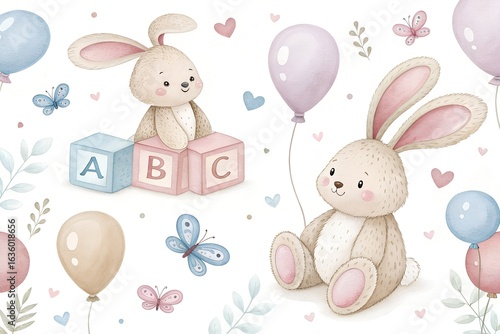 Cute baby bunnies with balloons and alphabet blocks