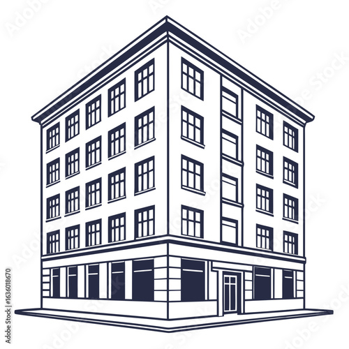Stylized line art illustration of a classic multi story apartment building with many windows
