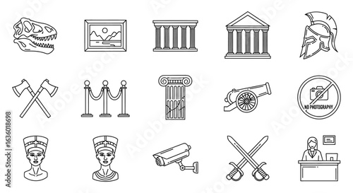 This collection of outline icons represents various historical artifacts, ancient architecture, and museum-related elements, perfect for educational design projects.