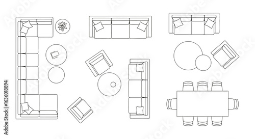 A collection of minimalist outline furniture drawings from a top-down perspective, ideal for architectural blueprints and interior design layouts.