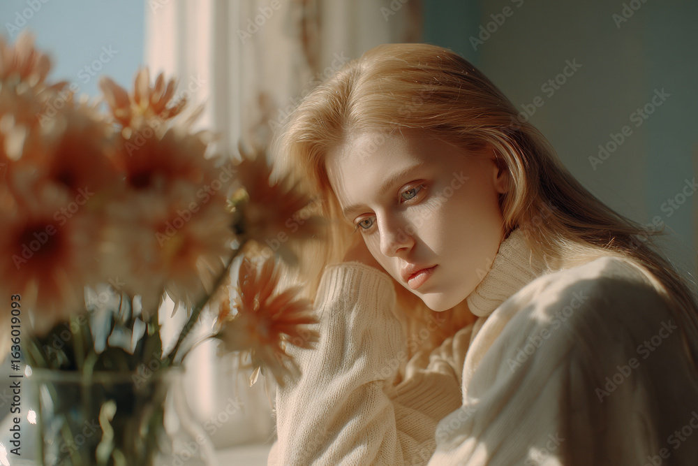 Naklejka premium teenager in bright room exudes soft energy while observing flowers in vase