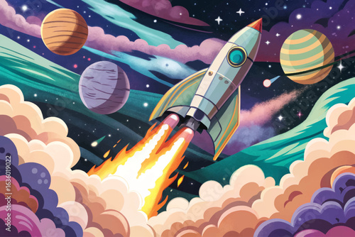 Sleek rocket ship blasting through cosmic clouds towards distant star cartoon banner background