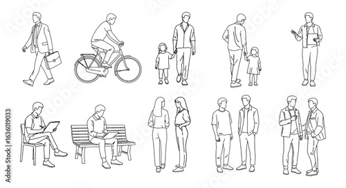 A collection of diverse line art illustrations depicting various people engaged in everyday activities, suitable for architectural plans and graphic design projects.
