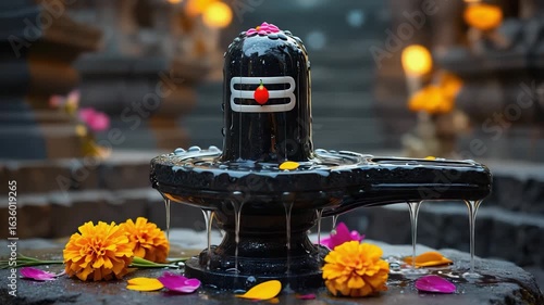 Ethereal water flow over Shiva Lingam adorned with flowers in serene temple setting