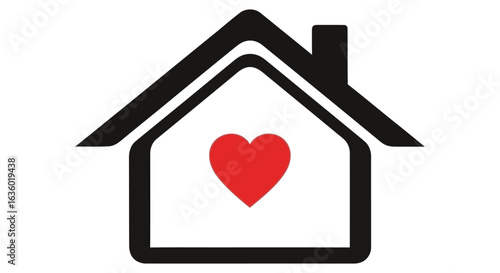 A minimalist graphic illustration depicting a stylized house outline with a vibrant red heart centered inside, symbolizing love, home, and security.