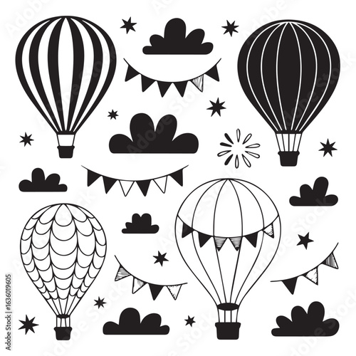 Adventure Balloon Doodle Icons – Vacation Travel Silhouette Clipart with Sky Elements