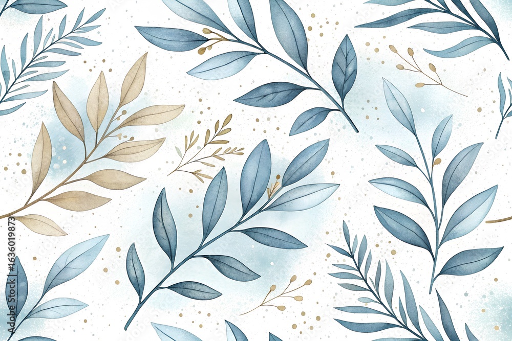 Fototapeta premium Blue and gold botanical leaf pattern watercolor isolated on white background