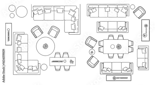 Detailed top-down architectural blueprints illustrate modern residential furniture layouts for various living and dining spaces, perfect for interior design planning.