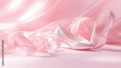 a pair of ballet shoes and a flowing ribbon, symbolizing movement and grace. The background is a gradient of pink and white, representing elegance and joy.