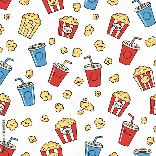 Adorable Kawaii Popcorn and Drink Pattern with Cute Faces