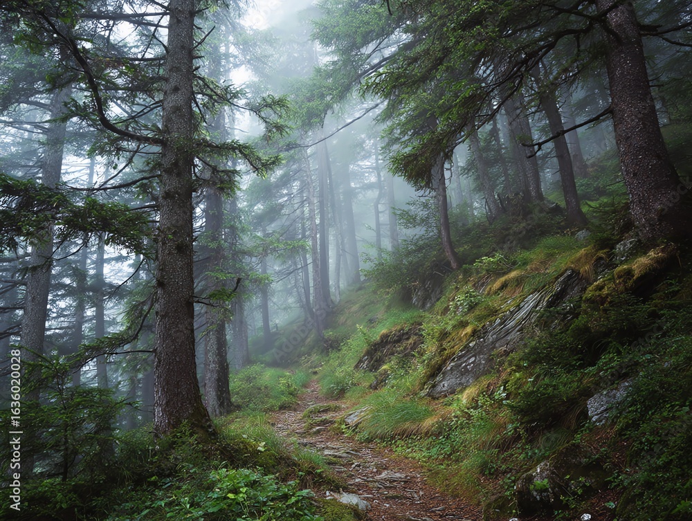 Fototapeta premium Foggy forest path winding through tall evergreen trees