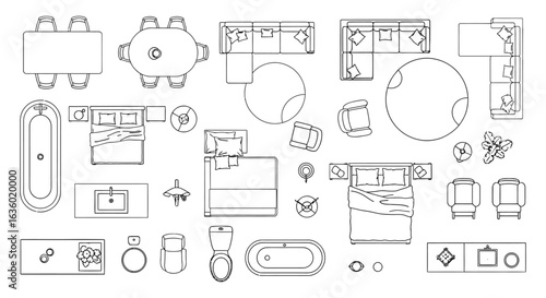 Clean, top-down line art vector illustrations of various home furniture and fixtures, ideal for architectural floor plans and interior design layouts.