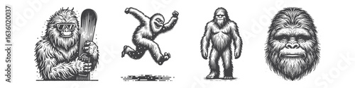 Vintage Hand-Drawn Yeti Playing Skateboard Illustration, Mythical Creature Engraved Vector for Sport and T-Shirt Design