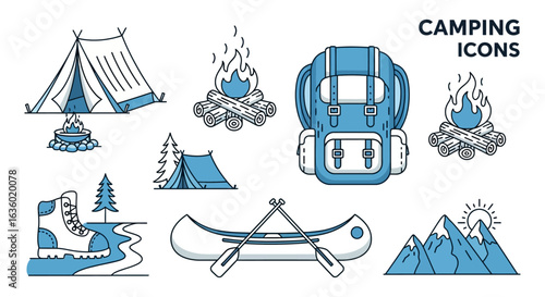 A collection of stylized blue and white camping and outdoor adventure icons, perfect for illustrating nature exploration and wilderness activities.