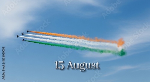 Jet planes with tricolor smoke trails celebrating India's 15 August Independence Day.