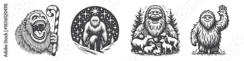 Vintage Hand-Drawn Yeti Laugh Illustration, Mythical Creature Engraved Vector for Fun and T-Shirt Design