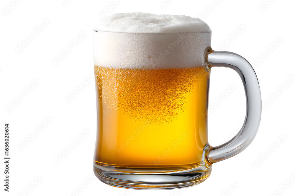 Beer mug filled with golden lager and rich foam head on white background. Ideal for Oktoberfest promos, pub menus, or beverage branding. Beer mug filled with golden lager and rich foam head on white background. Ideal for Oktoberfest promos, pub menus, or beverage branding.
