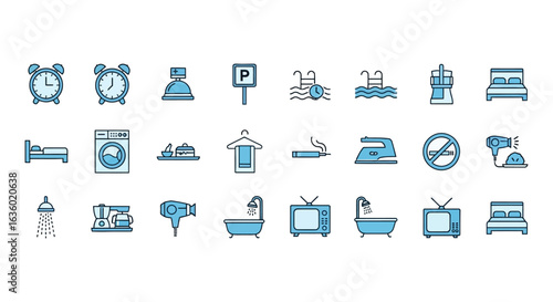 A comprehensive set of blue-toned flat line icons representing essential hotel amenities, guest services, and travel accommodations for modern hospitality.