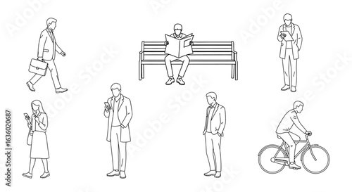 Diverse minimalist line art illustrations showcase people in various everyday activities, ideal for architectural plans, urban design, and infographic elements.