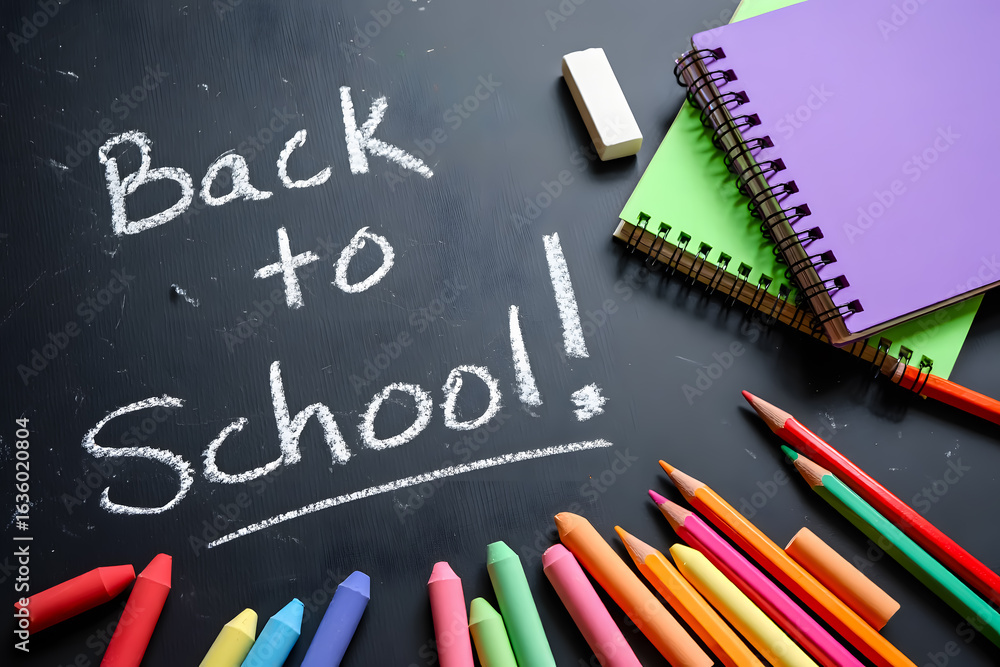 Back to school concept High-angle, close-up shot of a chalkboard Back to School! written in chalk, pencils, and notebook on board. Back to school concept High-angle, close-up shot of a chalkboard Back to School! written in chalk, pencils, and notebook on board.