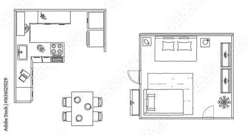 Detailed black and white architectural floor plans showcasing modern kitchen and bedroom layouts, ideal for interior design and home renovation projects.