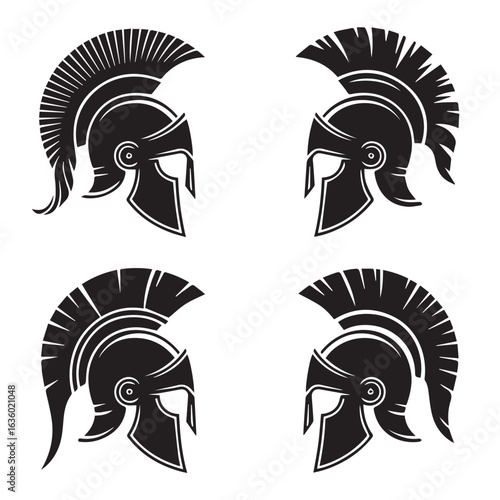 Ancient Warrior Helmet Silhouettes – Spartan, Trojan, and Roman Headgear Vector Clipart