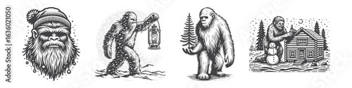 Vintage Hand-Drawn Yeti Wearing Beanie Illustration, Mythical Creature Engraved Vector for Winter and T-Shirt Design