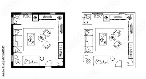 Overhead view of a contemporary living room floor plan, showcasing furniture arrangement and spatial organization in two distinct styles.