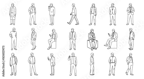 Diverse minimalist line art illustrations of people in various poses, perfect for architectural renderings, urban planning, and graphic design projects.
