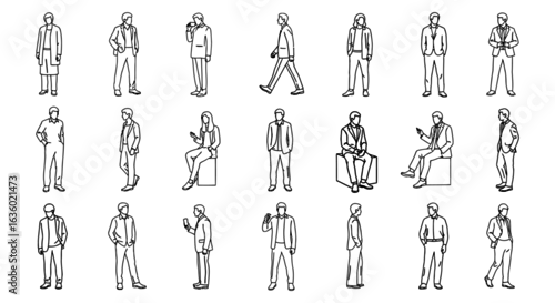 Fototapeta Diverse minimalist line art illustrations of people in various poses, perfect for architectural renderings, urban planning, and graphic design projects.