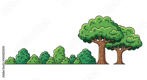 A charming cartoon illustration depicts a vibrant green forest border with lush trees and various bushes against a clean white background.