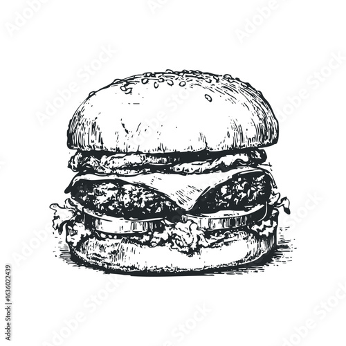 Hand Drawn Hamburger Sketch with Sesame Seed Bun and Fresh Ingredients. Hand drawn vector illustration.
