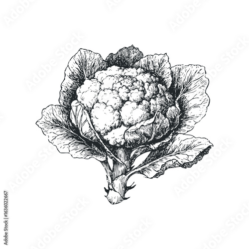 Detailed ink sketch of a fresh cauliflower with leafy green wrapper. Hand drawn vector illustration.