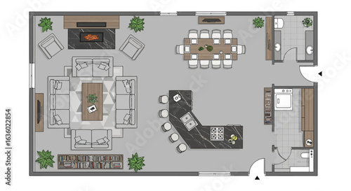 A meticulously rendered top-down architectural floor plan showcases a modern open-concept living space, integrating kitchen, dining, and lounge areas.