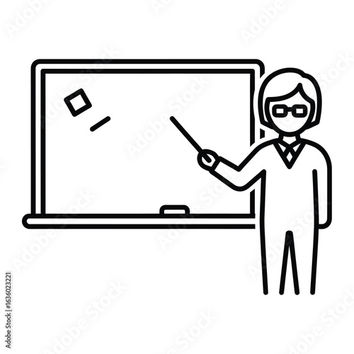 Illustration of a teacher with pointer in front of chalkboard isolated on white background