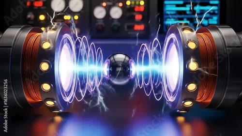 Futuristic device levitating a sphere with energy beams